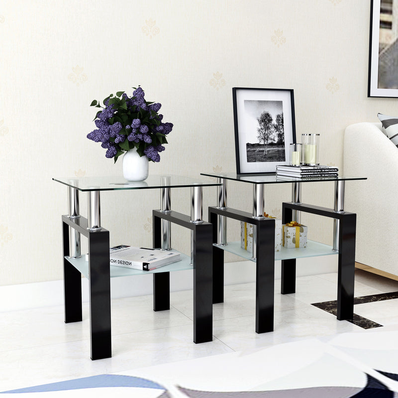 Modern Tempered Glass Tea Table, End Square Table For Living Room (Set of 2) - Transparent / Black