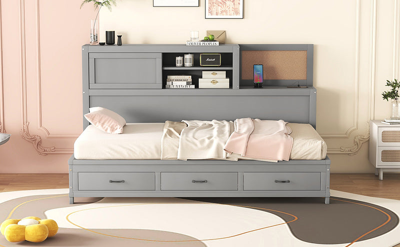 Twin Size Wooden Daybed with 3 Storage Drawers, Upper Soft Board, shelf, and a set of Sockets and USB Ports, Gray