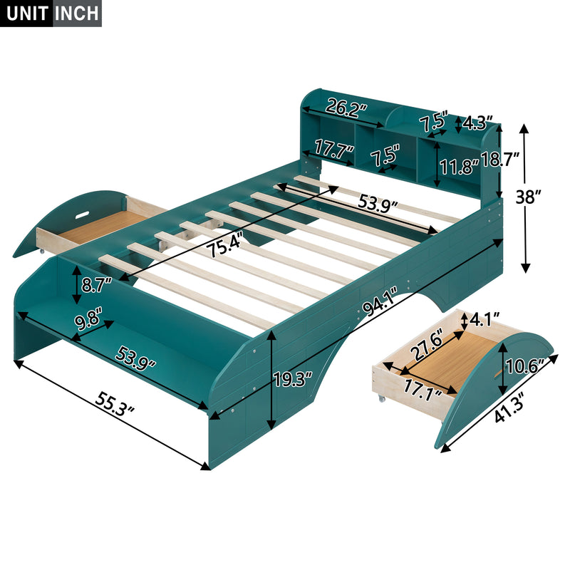 Wood Full Size Platform Bed with 2 Drawers, Storage  Headboard and Footboard, Dark Green