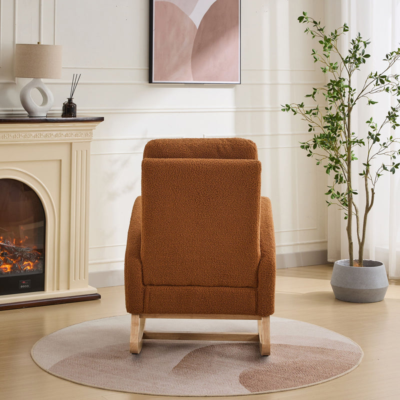 Rocking Chair For Nursery, Sherpa Glider Chair With High Back And Side Pocket, Rocking Accent Armchair With Rubber Wood Legs For Living Room / Bedroom