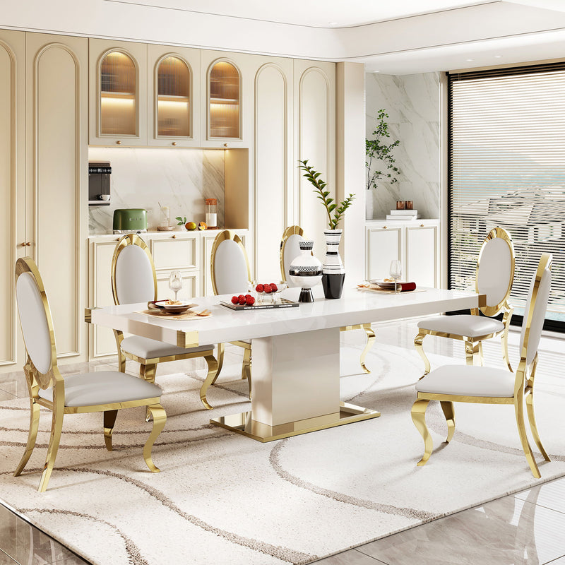 MDF Top Dining Table With Gold Finish Corner, MDF Pillar And Gold Finish Stainless Steel Base