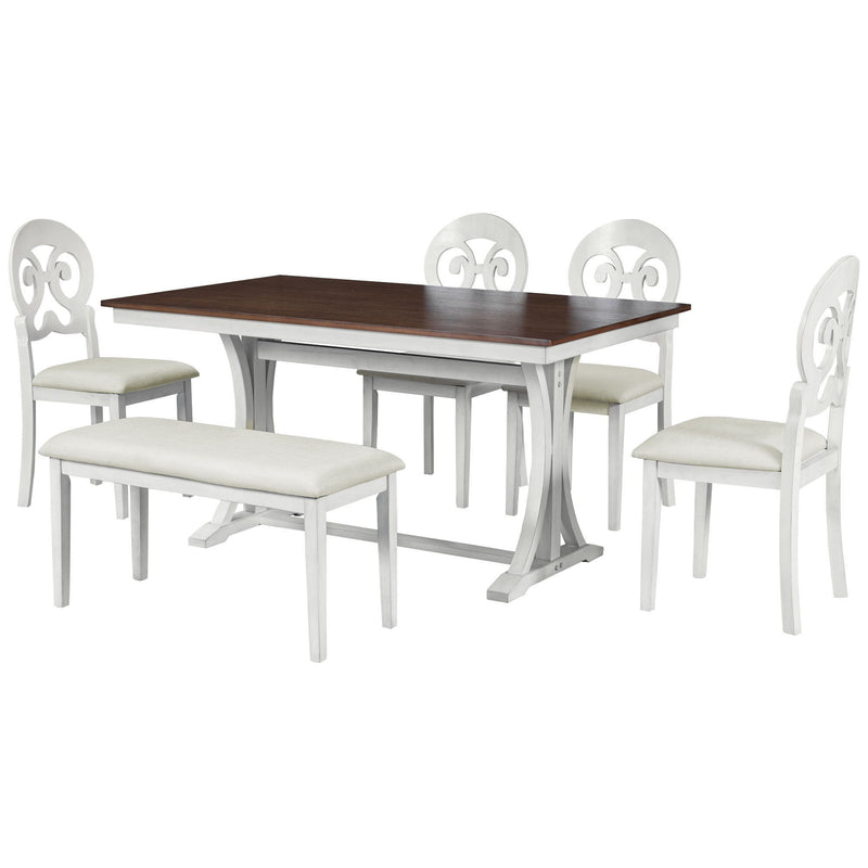 Topmax - 6 Piece Mid-Century Trestle Table Set With Victorian Round Upholstered Dining Chairs And Long Bench - Antique White / Cherry