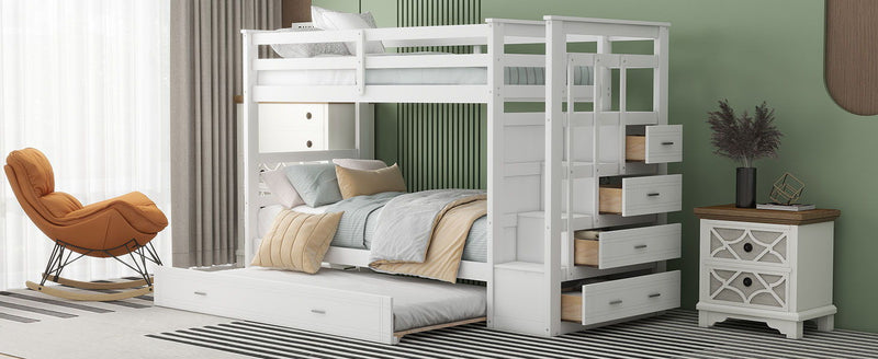 Twin Over Twin Bunk Bed With Trundle And Staircase - White