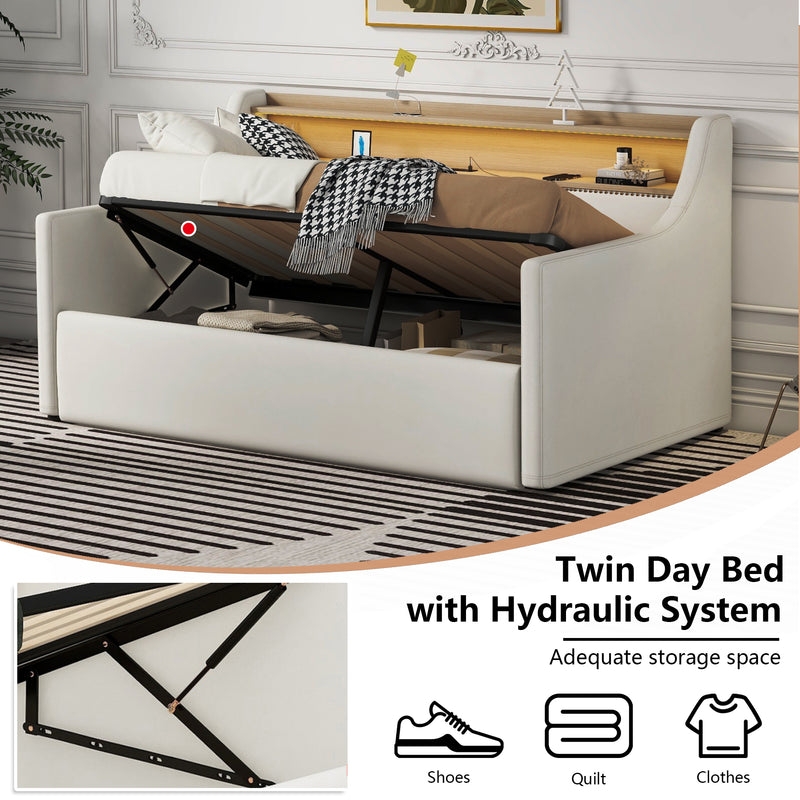 Twin Size Daybed with Hydraulic Storage, Upholstered Daybed with Lift Up Storage, Twin Leather Daybed with Charging Station and LED Lights,White(Expect arrival date Feb.13rd)