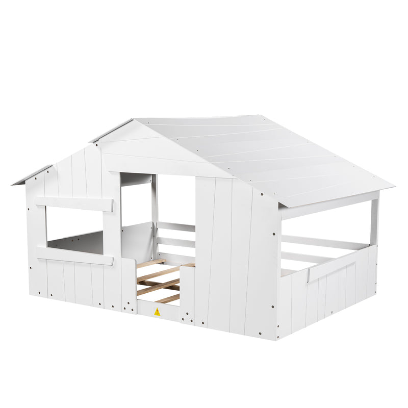 Wood Full Size House Bed with Roof, Window and Guardrail, White