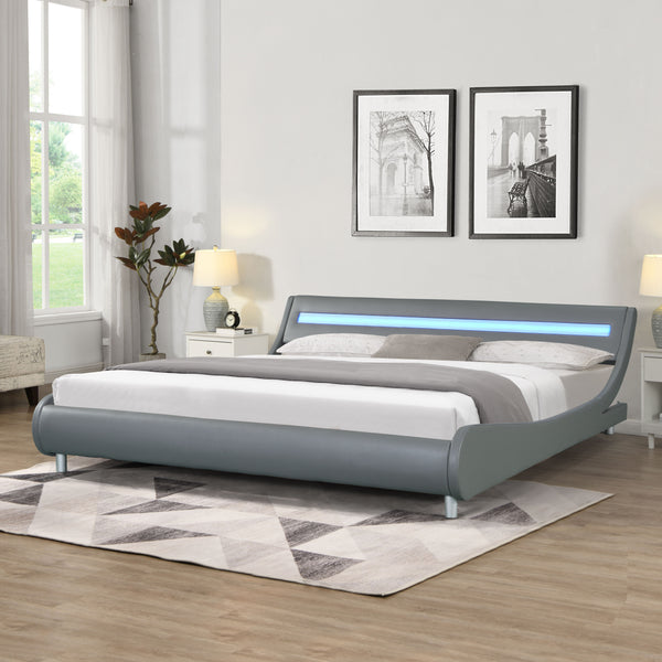 Upholstered Platform Bed Frame With LED Lighting, Curve Design, Wood Slat Support, No Box Spring Needed