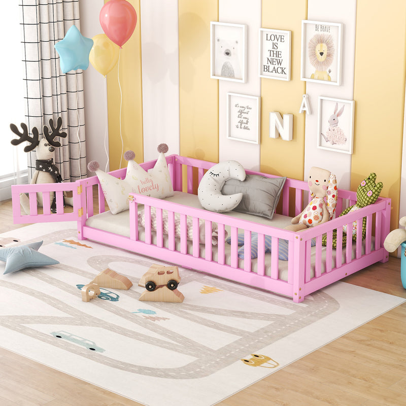 Twin Size Bed Floor Bed with Safety Guardrails and Door for Kids, Pink