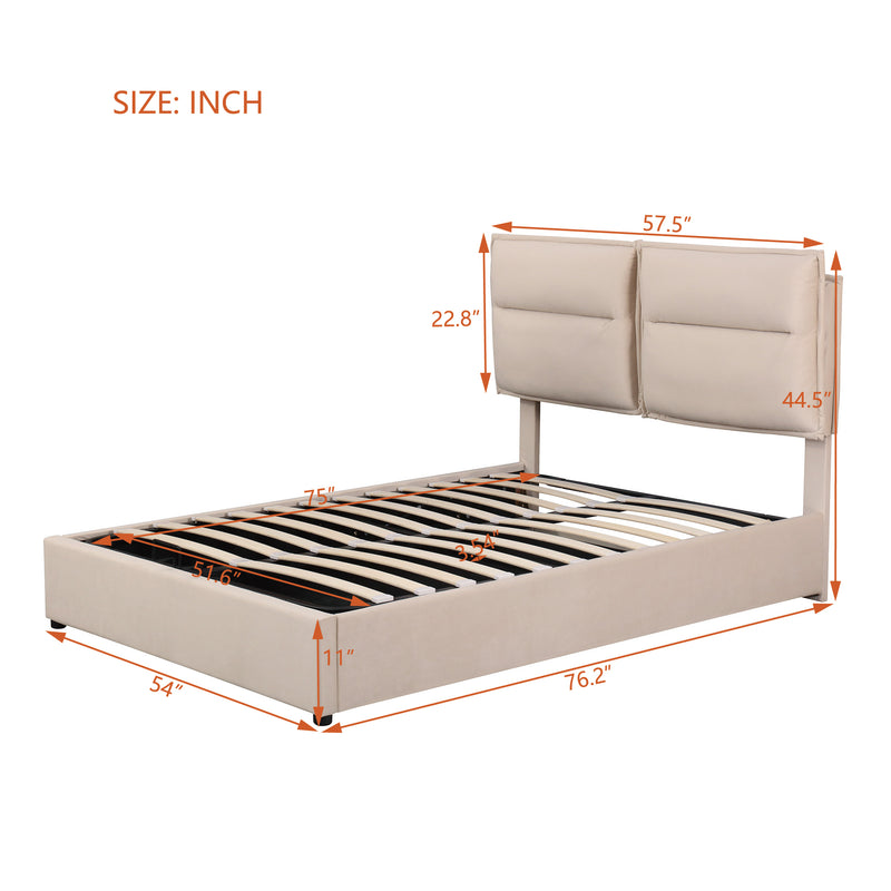 Upholstered Platform bed with a Hydraulic Storage System, Full size, Beige