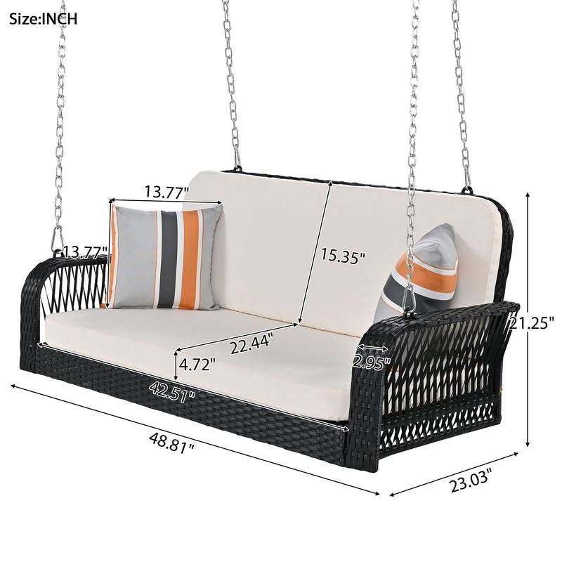 PE Wicker Porch Swing, 2 Seater Hanging Bench With Chains, Patio Furniture Swing For Backyard Garden Poolside