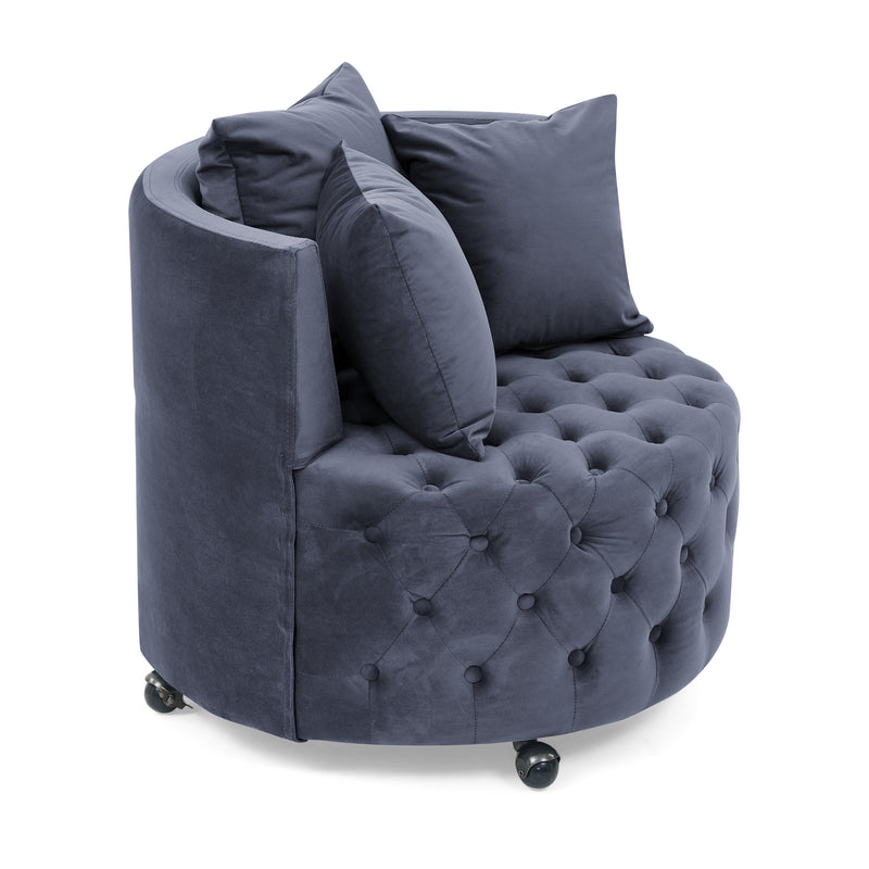 Velvet Upholstered Swivel Chair for Living Room, with Button Tufted Design and Movable Wheels, Including 3 Pillows, Grey