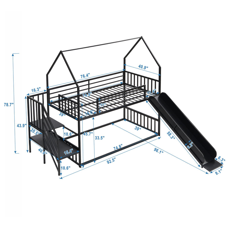 Twin Size Metal Bunk Bed House Bed With Slide And Staircase - Black