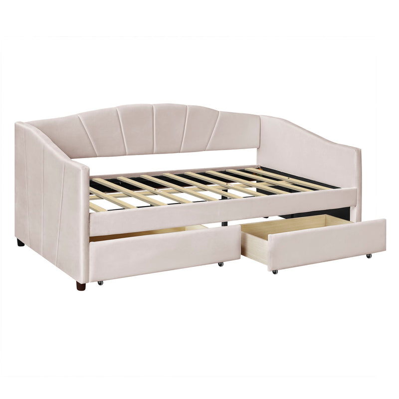 Twin Size Upholstered Daybed With Two Drawers And Wood Slat - Beige