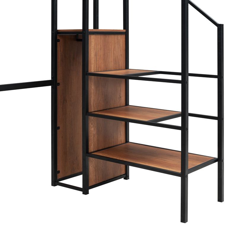 Twin Size Metal Loft Bed with Desk and Metal Grid, Stylish Metal Frame Bed with Lateral Storage Ladder and Wardrobe, Black