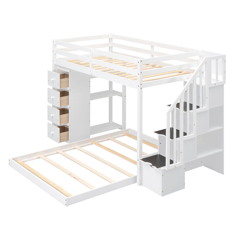 Twin Over Full Bunk Bed with 3-layer Shelves, Drawers and Storage Stairs, White