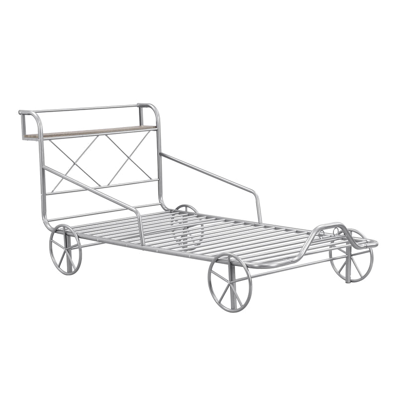 Twin Size Metal Car Bed with Four Wheels, Guardrails and  X-Shaped Frame Shelf, Silver(Old SKU: MF297599AAN)