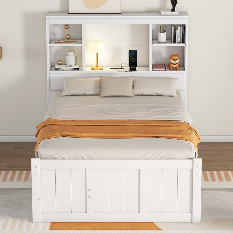 Twin Size Platform Bed with Storage Headboard, Charging Station, Twin Size Trundle and 3 Drawers, Antique White