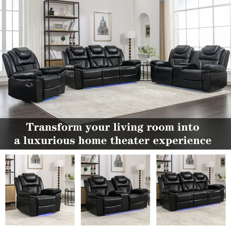 Home Theater Seating Manual Recliner Chair With Center Console And Led Light Strip For Living Room