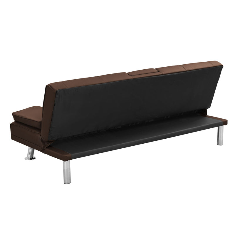 Futon Sofa Bed With Armrest Two Holders Wood Frame, Stainless Leg - Brown