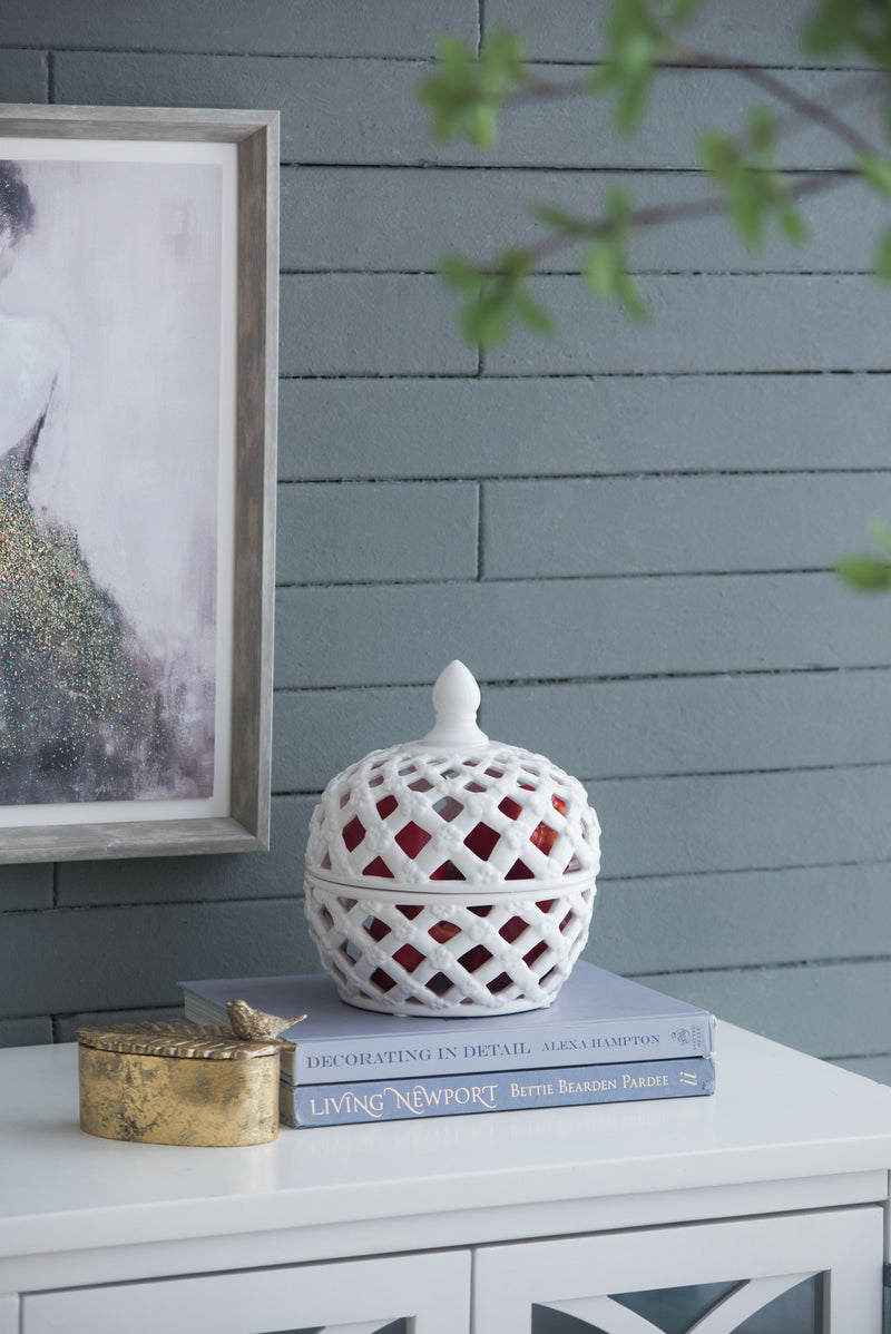 Ceramic Lidded Jar With Lattice Design - White