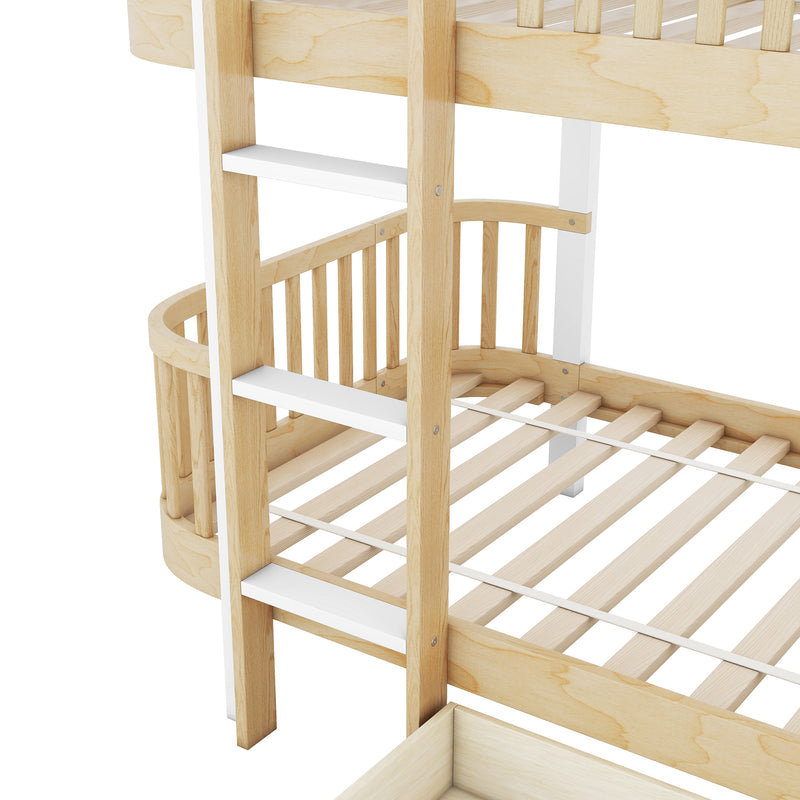 Wood Twin over Twin Bunk Bed with Fence Guardrail and a Big Drawer, Natural White