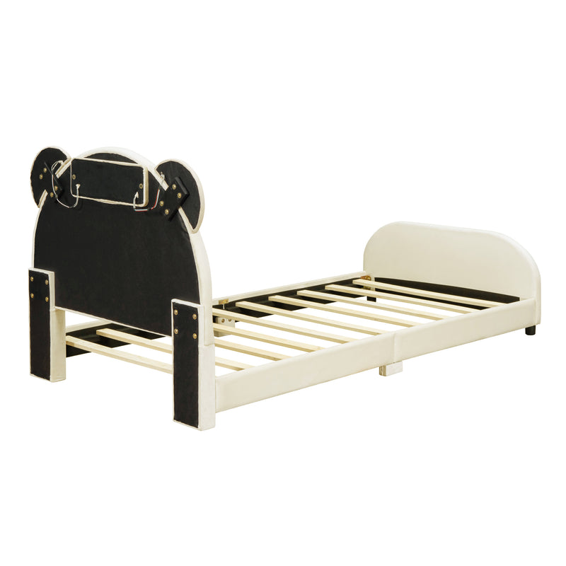 Twin Size Upholstered Platform Bed with Bear-Shaped Headboard and Embedded Light Stripe, Velvet, Beige