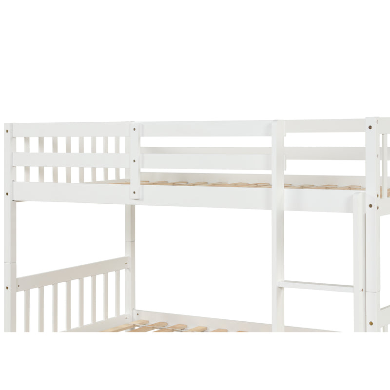 Twin Over Twin Bunk Beds with Trundle, Solid Wood Trundle Bed Frame with Safety Rail and Ladder, Kids/Teens Bedroom, Guest Room Furniture, Can Be converted into 2 Beds, White (Old Sku:W504S00028)