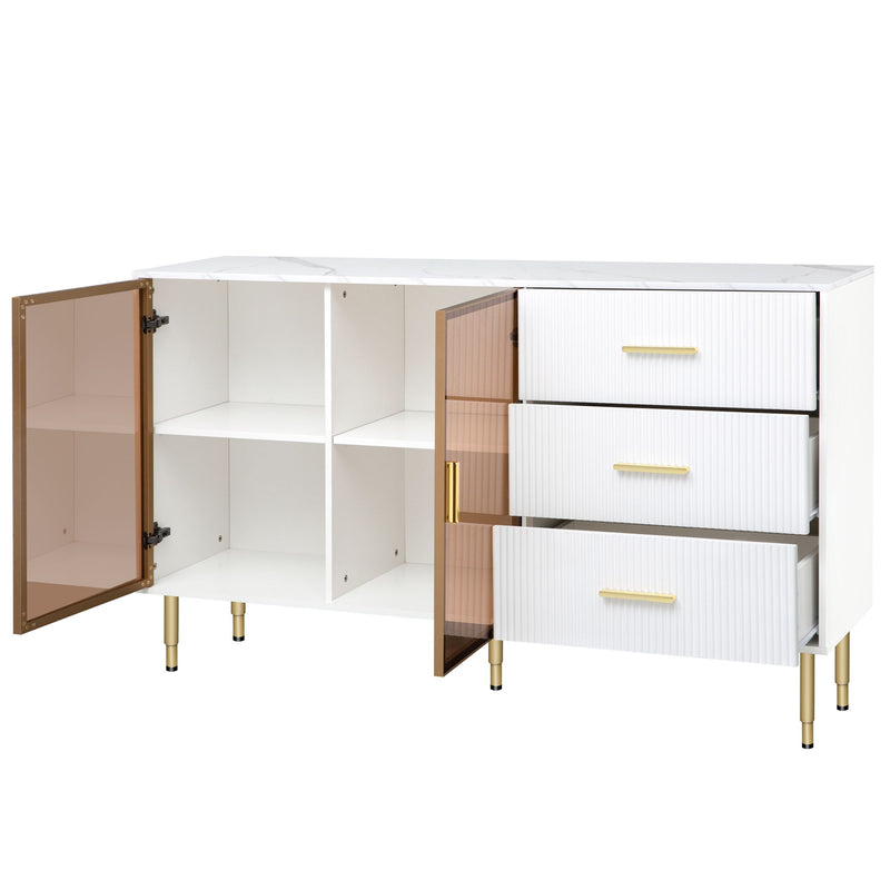 Modern Sideboard Buffet Cabinet Marble Sticker Tabletop And Amber-Yellow Tempered Glass Doors With Gold Metal Legs & Handles