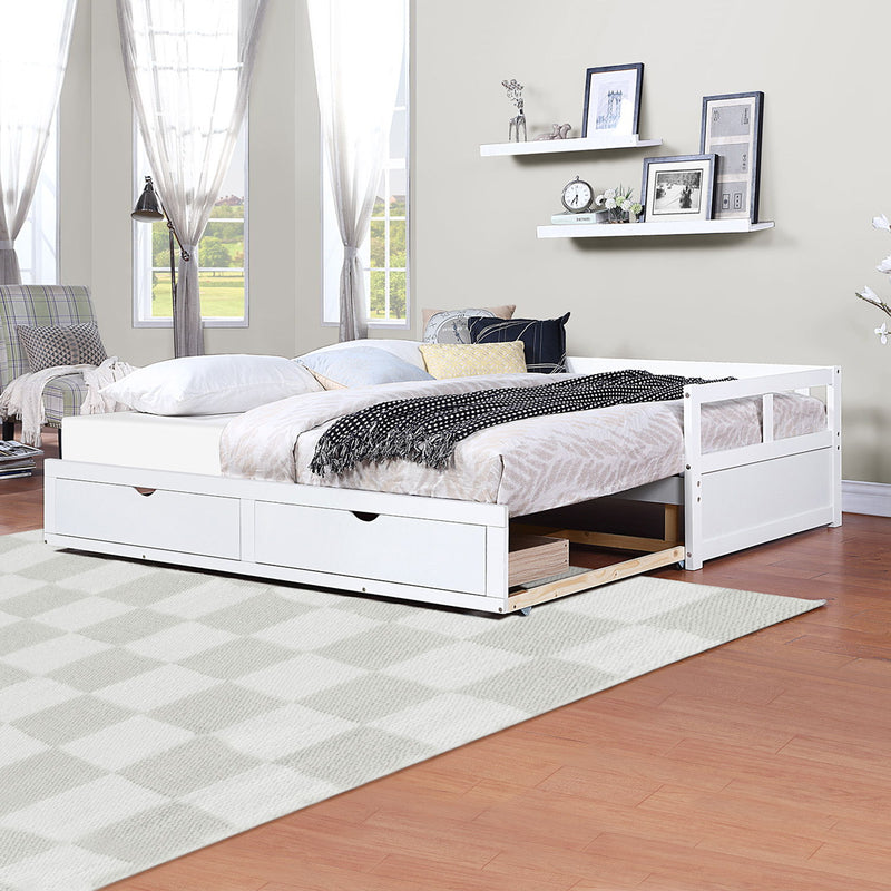 Wooden Daybed With Trundle Bed And Two Storage Drawers, Extendable Bed Daybed, Sofa Bed For Bedroom Living Room - White