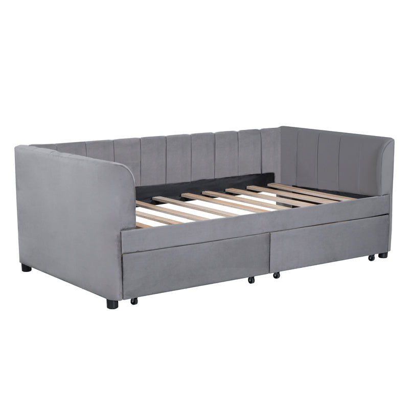 Twin Size Upholstered Daybed with Ergonomic Design Backrest and 2 Drawers, Gray