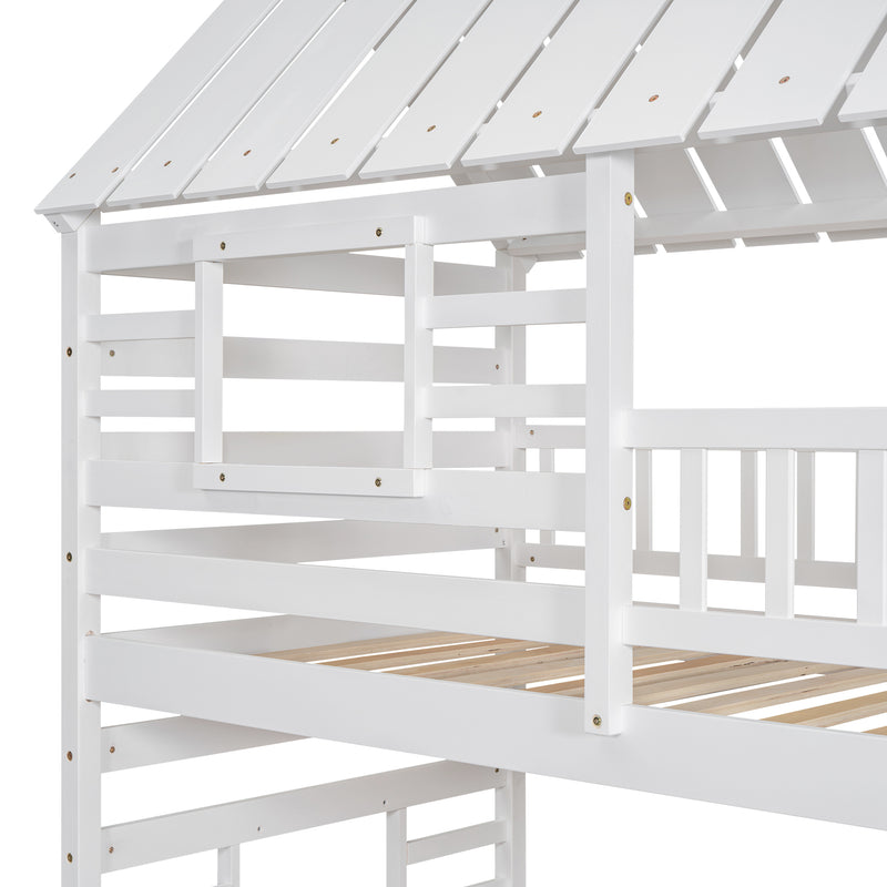 Twin over Twin House Bunk Bed with Trundle and Slide, Storage Staircase, Roof and Window Design, White(Old SKU: GX000931AAK)