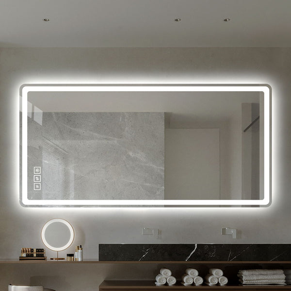 48" Bathroom Mirror With LED Lights Front And Backlit, Anti-Fog Lighted Vanity Mirrors For Wall Mounted And 5 Level Dimmable, Horizontal / Vertical - Clear