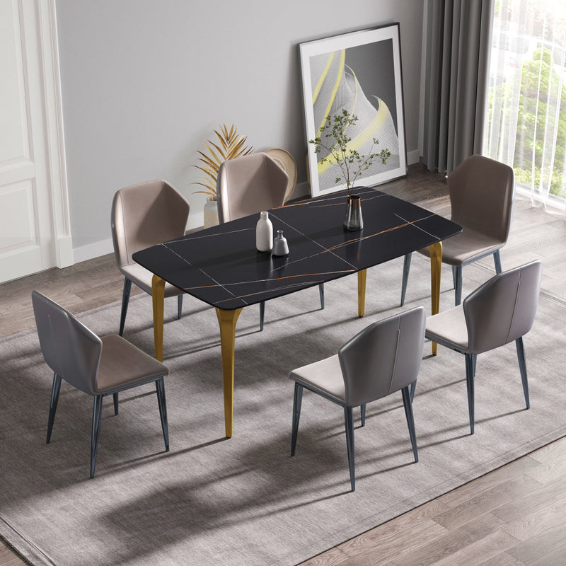 63" Modern Artificial Stone Black Curved Golden Metal Leg Dining Table, 6 People - Black / Gold