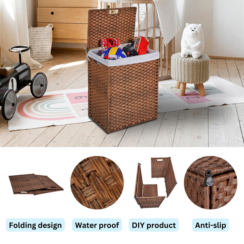 Laundry Hamper With Lid PE Rattan Powder Coating Frame Clothes Hampers With 2 Removable Bags