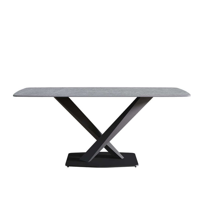 70.87" Modern Artificial Stone Gray Curved Black Metal Leg Dining Table, Can Accommodate 6-8 People - Gray / Black