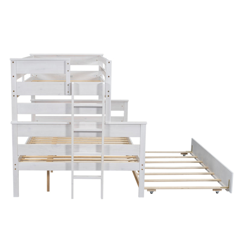 Wood Twin over Full Bunk Bed with Twin Size Trundle, White