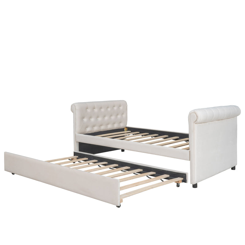 Twin Size Upholstered Daybed With Trundle, Wood Slat Support - Beige