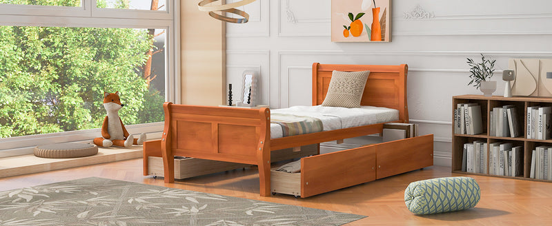 Twin Size Wood Platform Bed with 4 Drawers and Streamlined Headboard & Footboard, Oak