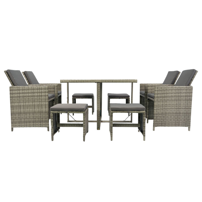 9 Pieces Patio Dining Sets Outdoor Space Saving Rattan Chairs With Glass Table Patio Furniture Sets Cushioned Seating And Back Sectional Conversation Set Wicker And Cushion - Gray