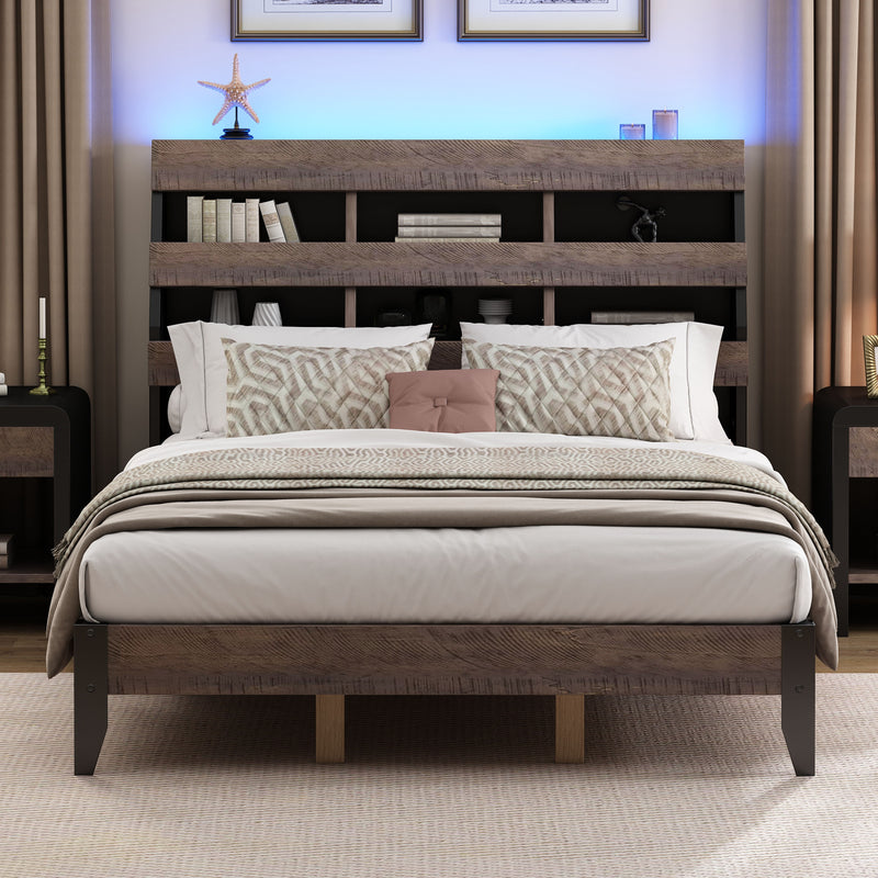 Mid Century Modern Style Queen Bed Frame With Bookshelf And Led Lights And USB Port - Walnut And Black