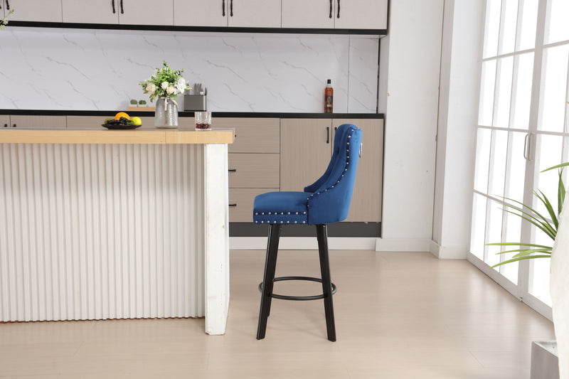 Ys - Modern Swivel Bar Stools Velvet Barstools Button Tufted Bar Stools Rivet Trim Bar Stools For Kitchen Island, Bistro, With Metal Pull Ring Sturdy Footrest Large Backrest For Home Bar - Blue