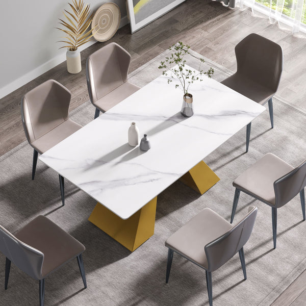 63" Modern Artificial Stone Straight Edge Golden Metal Leg Dining Table - White / Gold