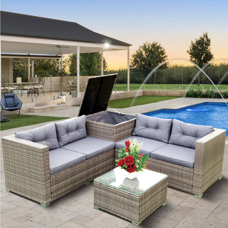 4 Piece Patio Sectional Wicker Rattan Outdoor Furniture Sofa Set With Storage Box - Gray