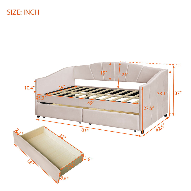 Twin Size Upholstered Daybed With Two Drawers And Wood Slat - Beige