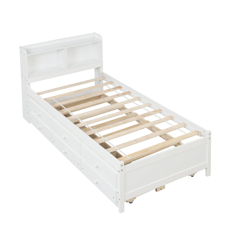 Twin Bed with Bookcase,Twin Trundle,Drawers,White