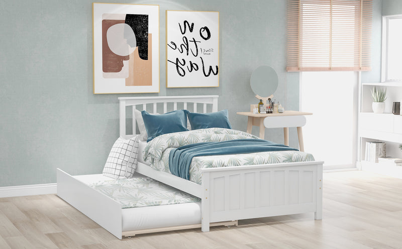 Twin size Platform Bed with Trundle, White