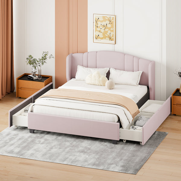 Upholstered Platform Bed with Wingback Headboard and 4 Drawers, No Box Spring Needed, Linen Fabric, Queen Size Pink