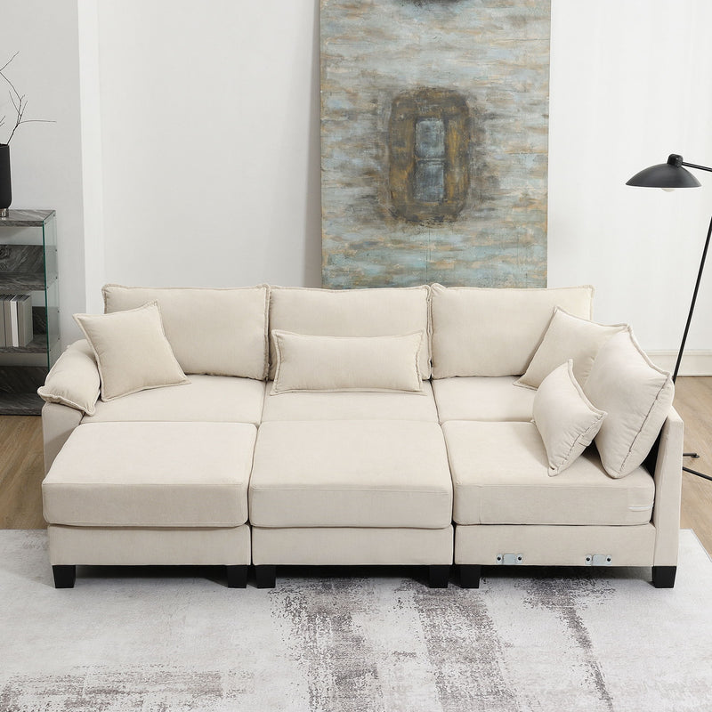 Corduroy Modular Sectional Sofa, U Shaped Couch With Armrest Bags, 6 Seat Freely Combinable Sofa Bed, Comfortable And Spacious Indoor Furniture For Living Room