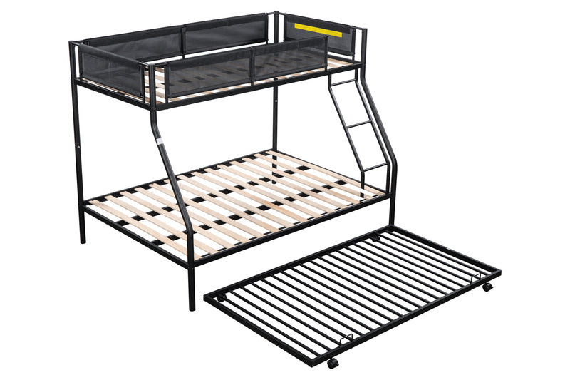 Twin over Full Metal Bunk Bed with Trundle/ Sturdy Metal Bed Frame/ Noise-Free Wood Slats/ Comfortable Textilene Guardrail/ Space-saving Trundle/ Bunk Bed for Three/ No Box Spring Needed