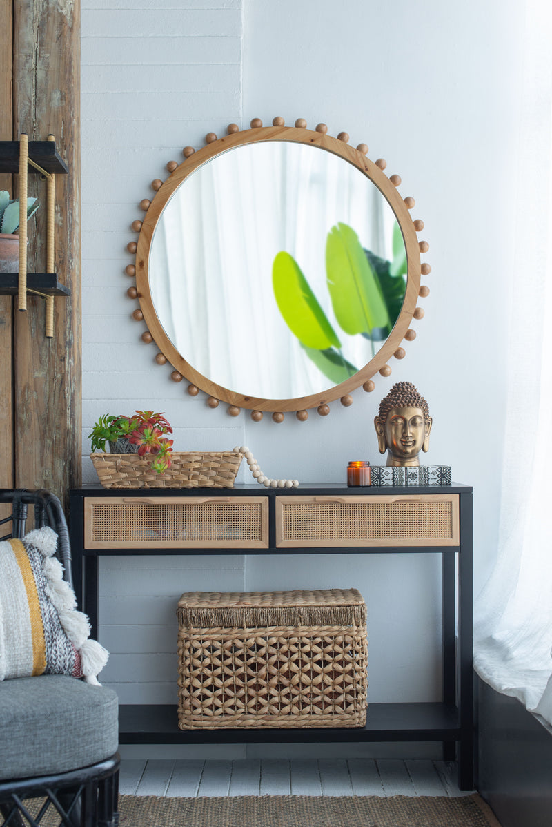 Wood Round Mirror With Beaded Frame, Circle Wall Mirror For Living Room Bedroom Entryway - Brown