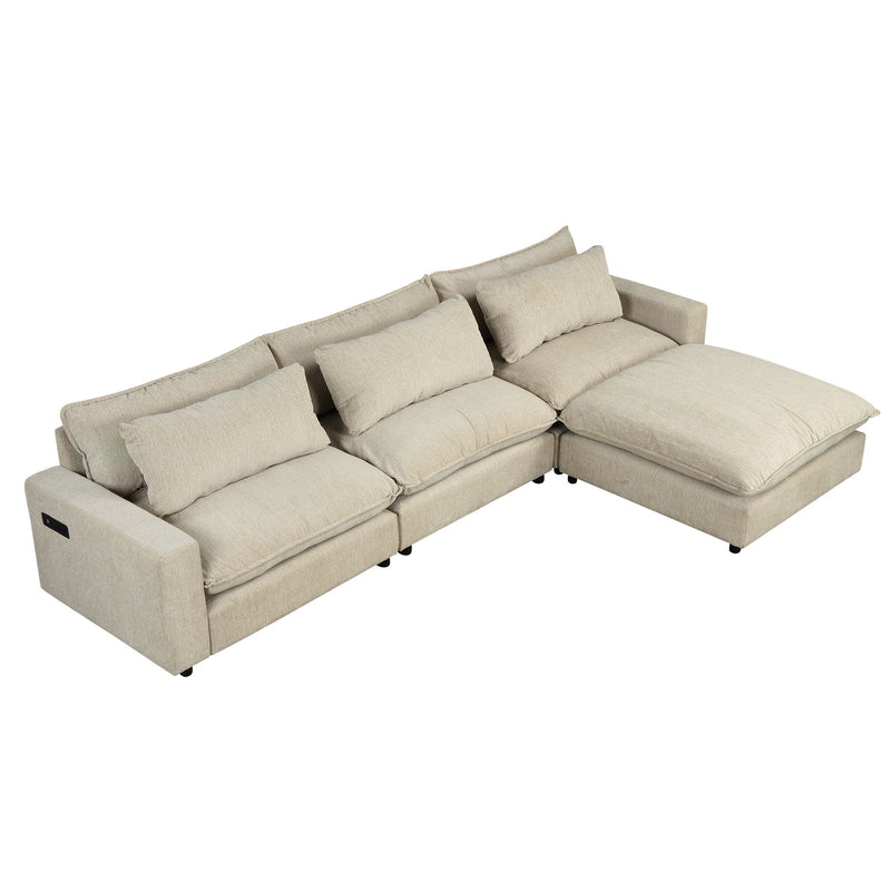 Sectional Sofa Cloud Sofa Chenille Upholstered Sofa Couch With Movable Ottoman, Comfortable Seat Cushions, Charging Ports And Three Back Pillows For Living Room